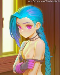 (league 2025 ai_assisted ai_generated arcane arm at bangs bare blonde_hair blush body braid braids breasts brown closed collarbone colored english eyes female fingerless gloves hair high_quality high_res high_resolution highres indoors jinx jinx_(arcane) jinx_(league_of_legends) league_of_legends legends) long looking mouth nipples of patreon pink questionable shiny shoulder shoulders skin small solo stable_diffusion tattoo text timelessworld twin upper viewer watermark
