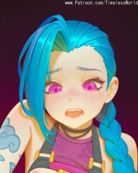 (league 2025 ai_assisted ai_generated arcane arm artist asymmetrical background bangs bare blonde_hair blush body braid breasts colored drooling english eyes female gradient hair high_quality high_res high_resolution highres jinx jinx_(arcane) jinx_(league_of_legends) league_of_legends legends) long mouth name nipples of only open patreon pink questionable saliva shiny shirt shoulder shoulders skin solo stable_diffusion tattoo teeth text timelessworld upper watermark