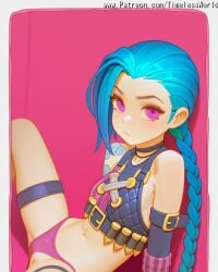(league 2025 ai_assisted ai_generated arcane artist at background bangs bare belt blonde_hair blush border braid braids breasts brown bullet closed collarbone colored crop eyes female gloves hair high_quality high_res high_resolution highres jinx jinx_(arcane) jinx_(league_of_legends) knee league_of_legends legends) legs long looking mouth name navel of panties patreon pink purple questionable sensitive shiny shoulders sitting skin small solo spread stable_diffusion strap tattoo thigh timelessworld top twin underwear up viewer watermark white