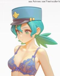 2025 ai_assisted ai_generated background bangs bare between blonde_hair blue blush body bow bra breasts brown cleavage closed collarbone colored eyes female green hair hat headwear high_quality high_res high_resolution highres medium mouth nintendo officer_jenny_(pokemon) patreon pokemon pokemon_(anime) sensitive shoulders simple skin solo stable_diffusion timelessworld twintails underwear upper watermark white
