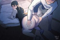 1boy 1girls 2d animated ass black_eyes black_hair blonde_hair blush blush_lines blushing booty bubble_ass bubble_butt bulge bulge_through_clothing butt chainsaw_man clothed clothing denji_(chainsaw_man) fat_ass fat_butt female fully_clothed gif grabbing grabbing_ass hi_res highres hips huge_ass huge_butt light-skinned_female light-skinned_male light_skin long_hair male mitaka_asa no_panties plump_ass sharp_teeth smile smiling theodyss thick_thighs thighs twintails wide_hips