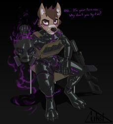 anthro black_bodysuit black_clothing black_latex black_skinsuit bodysuit brown_body brown_fur canid canine canis chair clothing combat_vest dialogue domestic_dog ear_tuft english_text feet fur furniture gun head_tuft hi_res karr_(lukst) latex latex_bodysuit latex_clothing latex_skinsuit looking_at_viewer lukst male male_only mammal multicolored_body multicolored_fur on_chair purple_gas purple_sclera ranged_weapon rifle silencer simple_background sitting sitting_on_chair skinsuit solo sound_effects talking_to_viewer tenting text tight_clothing tuft two_tone_body two_tone_fur weapon