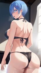 ass behind behind_view big_ass bikini bikini_bottom bikini_strings bikini_top blue_eyes blue_hair bob_cut breasts child_bearing_hips curvaceous curves curvy curvy_body curvy_female curvy_figure curvy_hips daytime hair hair_ornament huge_ass large_ass light looking_at_viewer looking_back open_mouth re:zero_kara_hajimeru_isekai_seikatsu rem_(re:zero) room sexy short_hair shoulder_blades shoulders sideboob sweat swimsuit the_amazing_gambit thick_thighs thighs voluptuous voluptuous_female wet wet_body wet_skin