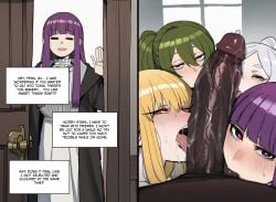 blonde_hair catsrvng catsrvng cheating cooperative_fellatio dark-skinned_male english_text fellatio fern_(sousou_no_frieren) fivesome frieren frieren_beyond_journey's_end green_hair huge_cock indoors large_penis licking_penis oral pov pov_eye_contact purple_hair saliva saliva_trail serie_(sousou_no_frieren) sucking_testicles text textless ubel_(sousou_no_frieren) waving waving_at_viewer white_hair