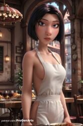 1girls ai_generated apron artist_name bare_shoulders black_hair blue_eyes breasts chair clock colette_tatou cup day disney drinking_glass female food hi_res indoors lips looking_at_viewer medium_breasts naked_apron nose patreon_username pixar plate progenarts ratatouille short_hair sideboob solo table watermark web_address white_apron window wine_glass