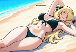 1girls ai_generated beach black_bra black_panties blonde_hair bra breasts cynthia_(pokemon) female hair_ornament highres large_breasts long_hair nintendo ocean panties pokemon pokemon_dppt smile solo sweat thighs twitter_username underwear very_long_hair ylvanne