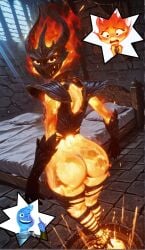 1boy 1girls ai_assisted ai_generated ass ass_focus bed bedroom bethesda_softworks blush bottomless bubble_ass bubble_butt cosplay dungeon elemental_(pixar) embarrassed embarrassed_female ember_lumen female flame_atronach gloves high_heels horns male mask oblivion pixar roleplay shoulder_pads the_elder_scrolls the_elder_scrolls_iv:_oblivion thumbs_up wade_ripple winking