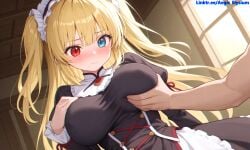 1boy 1girls absurdly_long_hair adult aegis_elysium ai_art ai_generated alternate_breast_size background black_dress black_heart blue_eyes blush boku_wa_tomodachi_ga_sukunai breasts breasts_bigger_than_head curtain curtains day door dress earrings fan_character female female_focus gem giant haganai hair_ornament hasegawa_kobato headpiece highres huge_breasts indoors jewelry kobato large_breasts long_hair maid maid_dress maid_headdress male navel older original original_character sexy shirt sitting solo_focus standing straight swept_bangs swimsuit thick_thighs tiara tights tree trees twintails vegetation very_long_hair wall wall_(structure) water watermark white_hair window windows