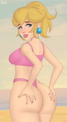 ass ass_grab bare_shoulders beach black_nails blonde_hair blue_eyes blue_nails blush bra breasts crop_top earrings eyelashes eyeshadow female fingernails from_behind jewelry lips lipstick looking_at_viewer looking_back makeup mario_(series) medium_breasts nail_polish nose panties pink_bra pink_lipstick pink_nails princess_peach purple_nails rocner solo sports_bra teeth underwear