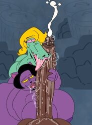 2girls alley alternate_version_available anthro areolae ass bbw black_hair black_penis blonde_hair bratty_(undertale) bubble_butt catty_(undertale) chubby crocodilian cum cum_bubble cumshot dark_skin dumpster fat fat_folds feline furry green_body hair_over_one_eye hoovedleader human lipstick long_penis love_handles naked naked_female nipples nude nude_female overweight penis pink_eyes precum precum_bubble purple_body purple_nipples saliva saliva_trail skinny slobber stroking_penis undertale yellow_eyes