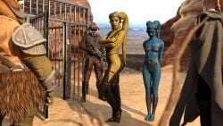 3d alexbridger blue_skin brown_eyes cage desert embarrassed femsub fishnets gamorrean green_skin harem_girl harem_outfit humiliation oola sandals slave slave_collar slave_girl slave_outfit slave_raid star_wars submissive_female twi'lek