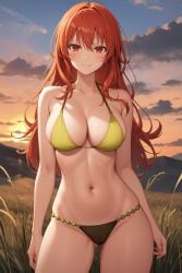 1girl ai-created ai_generated bangs bare_arms bare_shoulders beads bikini blue_sky blush breasts brown_bikini brown_swimsuit cameltoe clavicle cleavage closed_mouth clothing cloud cloudy_sky day evening female female_only gluteal_fold grass groin halterneck high_resolution horizon large_breasts long_hair looking_at_viewer medium_breasts navel ocean orange_hair original original_character outdoors pixiv portrait red_eyes red_hair rena_aikawa_(pixiv_user) sidelocks skindentation sky smile solo standing stomach string_bikini sunset swimsuit tensor_art thigh_gap thighs tree water yellow_bikini yellow_swimsuit