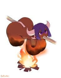 amputee bad_end borvar bovid bovid_humanoid bovine bovine_humanoid cannibalism cooking cow_ears cow_girl cow_horns dark-skinned_female dark_skin dead_eyes death fire guro large_ass large_breasts purple_eyes purple_hair quadruple_amputee roasting roasting_spit silvy_sharpbrim snuff solo spitroast spitroasting