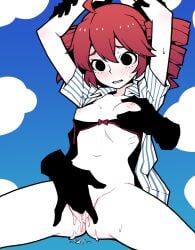 ahoge akableak arms_up black_bra blue_background blue_shirt blue_sky blush bottomless bow bow_bra bra bra_pull clothes_pull cloud collarbone disembodied_hand drill_hair embarrassed feet_out_of_frame female fingering grabbing_another's_breast groin groping hair_between_eyes hands_out_of_frame highres hip_bones holding_another's_wrist kasane_teto mesmerizer_(vocaloid) narrow_waist navel nervous nervous_sweating nipples open_clothes open_shirt parted_lips pinstripe_pattern pinstripe_shirt pussy pussy_juice raised_eyebrows red_bow red_hair red_trim ribs shirt short_sleeves sky solo solo_focus spread_legs striped_clothes striped_shirt sweat twin_drills two-tone_shirt uncensored underwear utau vertical-striped_clothes vertical-striped_shirt white_shirt wide_spread_legs
