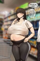 1girls dialogue female female_only gigantic_breasts huge_breasts lactation lactation_through_clothes lactation_without_expressing pregnant public_nudity ready_to_pop slush text voluptuous