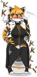 2025 absurd_res anthro arknights asian_clothing bathroom big_breasts black_body black_fur black_hair blush bottomwear breasts clothed clothing digital_media_(artwork) eyewear feces felid female fur glasses hair hi_res hypergryph mammal multicolored_body multicolored_fur multicolored_hair notmypornaccount on_toilet onomatopoeia orange_body orange_eyewear orange_fur orange_glasses orange_hair pantherine panties panties_around_ankles panties_down partially_clothed pooping_in_toilet robe scat shirt simple_background sitting sitting_on_toilet solo sound_effects straining stripes studio_montagne tail text thick_thighs tiger toilet toilet_bowl toilet_seat toilet_use topwear underwear underwear_down waaifu_(arknights) wearing_glasses white_body white_fur white_hair