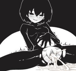 ^^^ after_sex after_vaginal akableak arm_support ass black_background black_bodysuit black_eyes black_hair blush bob_cut bodysuit breasts clitoral_hood clitoris covered_collarbone cum cum_in_pussy cum_puddle empty_eyes feet_out_of_frame female greyscale groin_tendon hair_between_eyes hand_on_own_stomach highres leaning_back looking_at_self looking_down midriff monochrome monogatari_(series) navel on_ground oshino_ougi parted_lips pussy_juice raised_eyebrows short_hair small_breasts smile solo spasm splashing spread_legs torn_bodysuit torn_clothes uncensored white_background wide_spread_legs