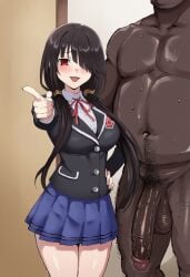 1boy 1boy1girl 1girls ai_generated aroused blush cheating cheating_(relationship) cheating_female cheating_girlfriend dark-skinned_male date_a_live fat_male girthy_penis hairy_male indoors interracial large_breasts large_penis long_penis male/female naughty_face netorare ntr open_mouth pointing pointing_at_viewer ready_to_fuck room school_uniform smug solo_focus straight testicles thighs tokisaki_kurumi veiny_penis waroffree