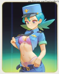 2025 ai_assisted ai_generated background belt black blonde_hair blue blush border bow bra breast breasts brown cap closed clothes colored cowboy down eyes female fly green hair hat high_quality high_res high_resolution highres looking medium mouth multicolored navel necktie nintendo officer_jenny_(pokemon) open panties pants patreon peaked pink pocket pokemon pokemon_(anime) police sensitive shirt short shot skin sleeves solo stable_diffusion stomach timelessworld twintails underwear undressing uniform watermark