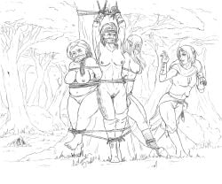 4girls bondage clothed_female_nude_female dwarf dwarf_female elf elf_female females_only gag gagged line_art monochrome multiple_girls nude nude_female original tied_to_tree wuulfenblade