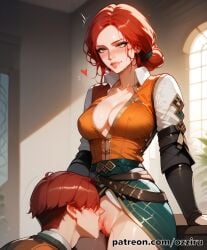 1boy 1boy1girl absurd_res ai_generated cleavage cunnilingus cute female female_focus female_penetrated green_eyes hair_bun hi_res highres licking licking_pussy male male/female male_penetrating male_penetrating_female ozziru patreon pussy red_hair self_upload sexy short_hair straight the_witcher_(series) the_witcher_3:_wild_hunt triss_merigold uncensored
