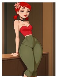 bare_shoulders black_choker breasts choker cleavage female flower hair_flower hair_ornament jewelry looking_at_viewer medium_breasts pants red_hair red_shirt short_twintails smile solo strapless total_drama:_revenge_of_the_island total_drama_island twintails zoey_(tdi)