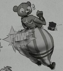 1girls 2025 anthro arm_wraps ass bear belt big_breasts big_butt blowing boots bottomwear breasts clothing digital_drawing_(artwork) digital_media_(artwork) domestic_cat duo english_text epic_games exclamation_point eye_markings fakesigss felid feline felis female fingerless_gloves fireworks_team_leader footwear fortnite gloves greyscale handwear hi_res hi_resfakesigss huge_butt leg_strap legwear looking_at_another looking_down mammal markings match meow_skulls monochrome onomatopoeia open_mouth pants pattern_clothing pattern_legwear rear_view shoes signature sound_effects striped_clothing striped_legwear stripes surprised_expression text torn_bottomwear torn_clothing torn_pants wide_hips wraps