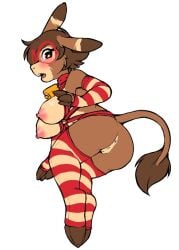 2023 anthro anus asinus ass blush breasts brown_body brown_fur brown_hair clothing cowbell_collar dani_(sutagaki) digital_media_(artwork) donkey equid equine eyewear female fur genitals glasses hair hooves legwear looking_at_viewer mammal nipples open_mouth pattern_clothing pattern_legwear pattern_stockings pussy red_eyewear red_glasses simple_background solo stockings striped_clothing striped_legwear striped_stockings stripes sutagaki tail vulva white_background