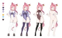 absurdres adapted_costume animal_ears black_thighhighs blush bow bowtie brown_shoes commentary_request completely_nude contrapposto covered_nipples crotchless crotchless_leotard ear_bow ear_covers ear_tag female flat_chest full_body grin hair_intakes hairband haru_urara_(umamusume) highres horse_ears horse_girl horse_tail horseshoe_ornament leotard loafers long_hair looking_at_viewer multicolored_leotard multiple_views navel nipple_cutout nipple_piercing nipples nude piercing pink_eyes pink_hair puffy_short_sleeves puffy_sleeves purple_bow purple_bowtie purple_leotard pussy pussy_piercing red_hairband school_uniform shoes short_sleeves simple_background smile standing tail thighhighs tracen_school_uniform two-tone_leotard ugohato umamusume uncensored white_background white_bow white_leotard white_thighhighs