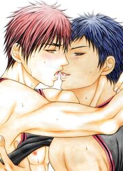 2boys aomine_daiki blue_hair blush dark-skinned_male dark_skin gay kagami_taiga kuroko_no_basuke male male_only red_hair tongue white_background yaoi