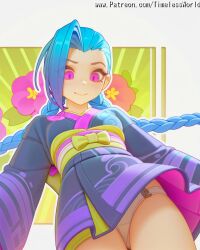 (league 2025 ai_assisted ai_generated arcane artist at bangs below blonde_hair blue blush braid braids breasts closed clothes colored cowboy down eyes female flower from hair high_quality high_res high_resolution highres japanese jinx jinx_(arcane) jinx_(league_of_legends) kimono league_of_legends legends) long looking mouth name oerba_yun_fang of panties patreon pink sash sensitive shiny shot skin sleeves smile solo stable_diffusion timelessworld twin underwear upskirt viewer watermark white