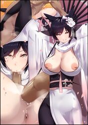 1boy 1girls :>= agovitch animal_ears anus ass atago_(azur_lane) azur_lane beauty_mark big_ass big_breasts black_border black_hair black_legwear breasts brown_eyes cleavage clothed_female_nude_male cum cum_in_pussy curvy dark-skinned_male dark_skin disembodied_penis dress eye_contact fellatio female flower hair_flower hair_ornament half-closed_eyes huge_breasts interracial japanese_clothes kimono large_ass large_breasts long_hair looking_at_viewer missionary mole mole_under_eye motion_lines nipples nude obi oral oriental_umbrella penis pussy sash sex smile solo_focus spread_legs standing straight sweat testicles thick_thighs umbrella vaginal_penetration wide_hips wide_sleeves