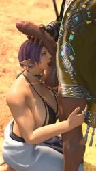 1boy 1girls 3d amicea balls bikini_top cock_worship dark-skinned_male dark_skin elezen elf elf_ears female final_fantasy final_fantasy_xiv huge_breasts huge_cock kneeling male orange_eyes purple_hair self_upload sweat sweaty tan_body
