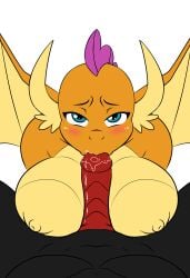 abs anthro areola athletic big_breasts black_body blue_eyes blush breast_play breasts dragon duo ear_fins erect_nipples erection fellatio female fin first_person_view friendship_is_magic genitals hasbro head_spines hi_res looking_at_viewer male male/female membrane_(anatomy) membranous_wings muscular my_little_pony mythological_creature mythological_scalie mythology nipples oral orange_body orange_scales pecs penile penis pia-sama puffy_areola puffy_nipples red_penis scales scalie sex smolder_(mlp) spread_legs spread_wings spreading titjob toned_stomach wings