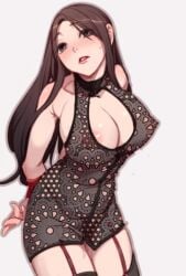 arms_behind_back bare_shoulders black_dress black_legwear blush breasts brown_hair cleavage cleavage_cutout covered_nipples dress female garter_straps large_breasts lips lipstick long_hair looking_at_viewer makeup mole no_bra short_dress solo thighhighs