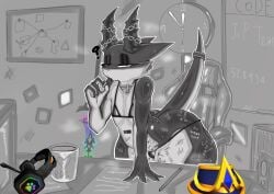 anthro ass barcode barcode_tattoo bdc body_writing bulge chains collar container cup desk dragon eyes_mostly_closed femboy furniture gaming gaming_chair half-closed_eyes hi_res horn jpc_pet lipstick makeup male mug mythological_creature mythological_scalie mythology narrowed_eyes office pung pung_kung question_mark scalie slutty_face solo spade_tattoo table tail tattoo