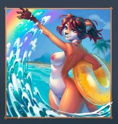 absurd_res anthro beach breasts brown_hair exposed_breasts female fur fur_markings genitals green_eyes hair hi_res highlights_(coloring) inflatable inner_tube island mammal markings membrane_(anatomy) mustelid nipples nude nude_anthro otter palm_tree pinup plant pose pussy rainbow riley_delmare_(zombiecowherd) sea solo splash striped_body striped_fur stripes summer tail thalassophilia_(zombiecowherd) tree tropical vaginal_penetration vulva water webbed_hands yoshi2332