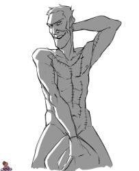black_and_white covering_crotch crazedg grin hat muscles nude object_censor scars smirk smug sniper_(team_fortress_2) team_fortress_2