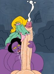 2girls alley alternate_version_available anthro areolae ass bbw black_hair blonde_hair bratty_(undertale) bubble_butt catty_(undertale) chubby crocodilian cum cum_bubble cumshot dumpster fat fat_folds feline female furry green_body hair_over_one_eye hoovedleader human lipstick long_penis love_handles naked naked_female nipples nude nude_female overweight penis pink_eyes precum precum_bubble purple_body purple_nipples saliva saliva_trail skinny slobber stroking_penis undertale white_penis white_skin yellow_eyes