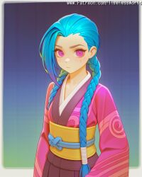 (league 2025 ai_assisted ai_generated alternate arcane at background bangs blonde_hair border braid braids breasts brown closed clothes colored costume english eyes female general gradient grey hair high_quality high_res high_resolution highres japanese jinx jinx_(arcane) jinx_(league_of_legends) kimono league_of_legends legends) long looking mouth obi of patreon pink purple sash shiny skin sleeves solo stable_diffusion text timelessworld twin twintails viewer watermark white