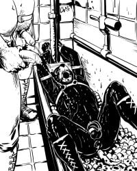 animal_mask anthro bodily_fluids bondage bondage boots bound canid canine canis chastity_cage chastity_device clothing cureboltium dalmatian dean_blitz domestic_dog footwear genital_fluids genitals gimp_suit hi_res ice male male/male mammal mask monochrome peeing peeing_on_another penis pup_mask shoes solo trough trough_urinal urinal urine watersports