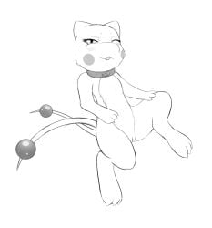 2014 2_tails 3_toes anthro blush blush_lines claws collar collar_only digital_drawing_(artwork) digital_media_(artwork) digitigrade dragonair eyelashes fakemon fan_character featureless_chest feet female finger_claws flat_chested front_view generation_1_pokemon genitals hand_on_leg hi_res hybrid legendary_pokemon looking_at_viewer meraence mew mew_(pokemon) monochrome multi_tail narrowed_eyes nintendo nude nude_anthro nude_female one_eye_closed open_mouth pikachu pokemon pokemon_(species) pussy semi-anthro simple_background sis_(fyoshi) snout solo tail toe_claws toes vulva white_background