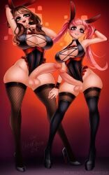 2girls big_breasts brown_hair bunny_ears bunnysuit dorothea_arnault futanari high_heels hilda_valentine_goneril latex leather lingerie nenerhea pink_hair stockings thick_thighs twintails
