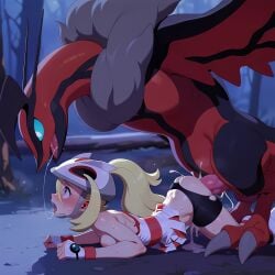 1boy 1girls ai_generated blonde_hair breasts breasts_out clothed_sex cum cum_drip cum_in_pussy cum_inside cum_pool dadfox ejaculation fingerless_gloves functionally_nude gloves green_eyes helmet korrina_(pokemon) larger_male looking_at_another looking_up outdoors partially_clothed pokemon pokemon_xy pokephilia prone_bone questionable_consent saliva_string sex size_difference smaller_female torn_clothes torn_legwear torn_shorts yveltal