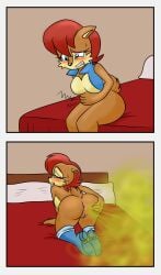 absurd_res anthro anus bed blue_clothing blue_topwear blue_vest bottomless chipmunk clothed clothing fart farting farts female flatulence fur furniture furry ground_squirrel hair hi_res mammal pussy red_hair relieved rodent rumbling_stomach sally_acorn sciurid sega serafim6394 solo sonic_(series) sonic_the_hedgehog_(series) tooting topwear vest