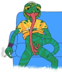 3_fingers anthro autofellatio baseball_cap bodily_fluids bottomless bottomless_male broto_faggins chameleon clothed clothing clothing_lift digital_media_(artwork) drooling drugs epic_games fellatio fingers flipaclip_(artwork) foreskin foreskin_play fortnite furniture genitals green_body green_skin hat headgear headwear joint_in_hand leaf leaf_hair lizard long_tongue male male_only marijuana markings masturbation navel no_shading oral oral_masturbation orange_clothing orange_shirt orange_topwear penile penile_masturbation penis plant plant_hair pseudo_hair purple_wristband reptile saliva saliva_on_penis saliva_on_tongue scale_markings scales scalie sex shirt shirt_lift simple_background smoke smoking smoking_marijuana sofa solo tail text text_on_clothing text_on_shirt text_on_topwear tongue tongue_around_balls tongue_around_penis tongue_in_foreskin tongue_out tongue_out_fellatio topwear uncircumcised white_background yellow_clothing yellow_eyes yellow_shirt yellow_topwear ziggy_(fortnite)