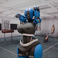 ada_(fallout) arms_up assaultron blender blender_(software) blender_cycles bulge bulge_through_clothing calvin_klein erection_under_clothes fallout fallout_4 futa_only futanari gym gym_uniform hands_behind_head presenting_breasts robot robot_girl robot_humanoid sports_bra sweat sweating sweating_profusely