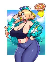 1girls absurdres alternate_breast_size bimbo blonde_hair breasts cleavage female food highres jacket large_breasts luma mario_(series) mario_kart mario_kart_world pizza princess_rosalina princess_rosalina_(touring) sideboob tank_top xpisigma