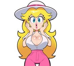 1girls big_breasts cleavage clothed female female_focus female_only film_reel m mario_(series) mario_kart mario_kart_world meme nintendo no_bra princess_peach revealing_clothes shocked shocked_expression solo solo_focus surprised