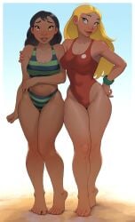 2girls barefoot bikini black_hair blonde_hair brown_eyes cheshirrr curvy dark-skinned_female dark_skin disney green_eyes hawaiian legs lifeguard lifeguard_(lilo_and_stitch) lilo_and_stitch nani_pelekai one-piece_swimsuit red_swimsuit striped_bikini swimsuit tan_body tan_skin